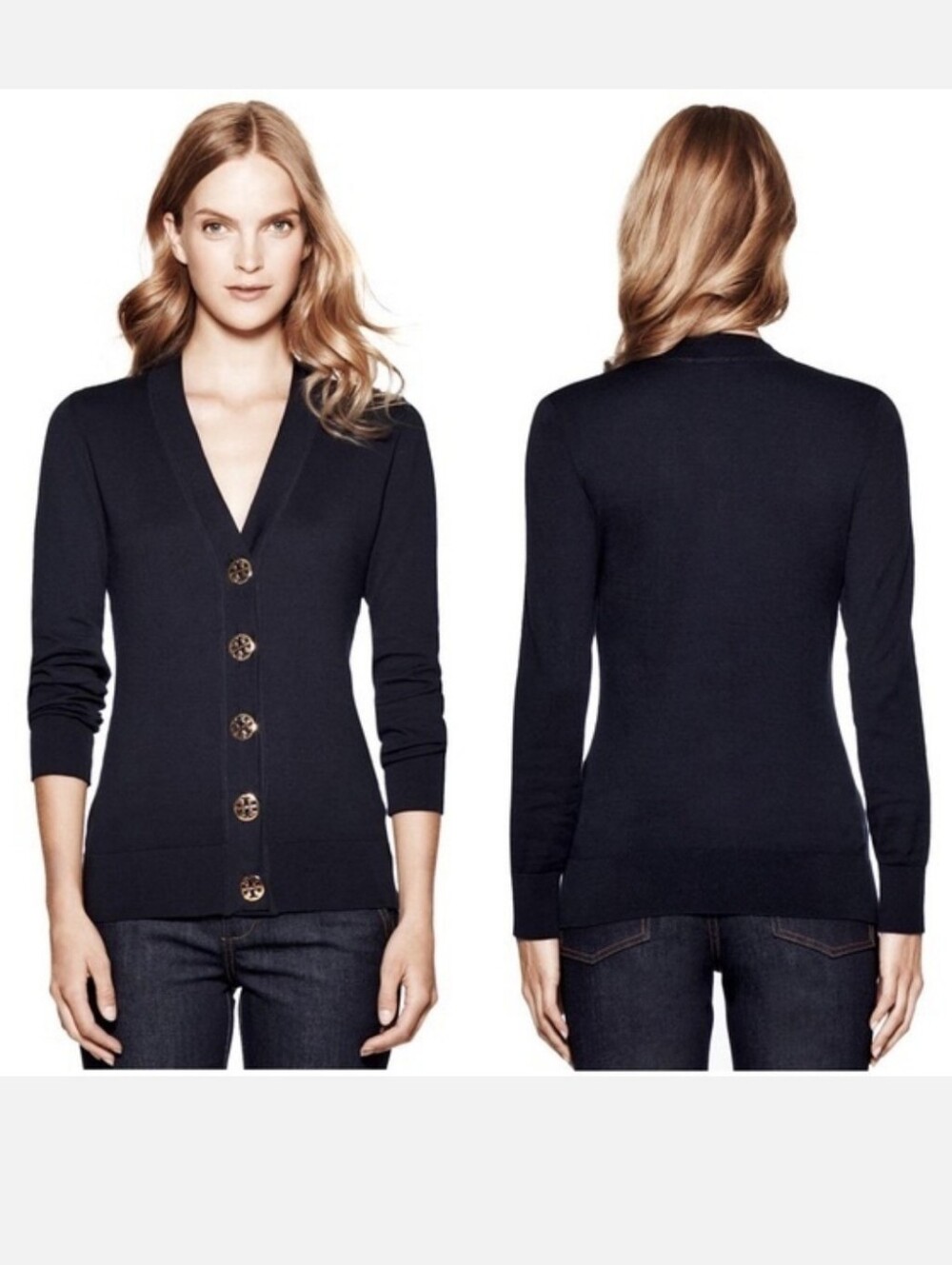 Tory Burch Simone Merino Wool Cardigan Black Slim Fit Signiture Buttons‎ size XS